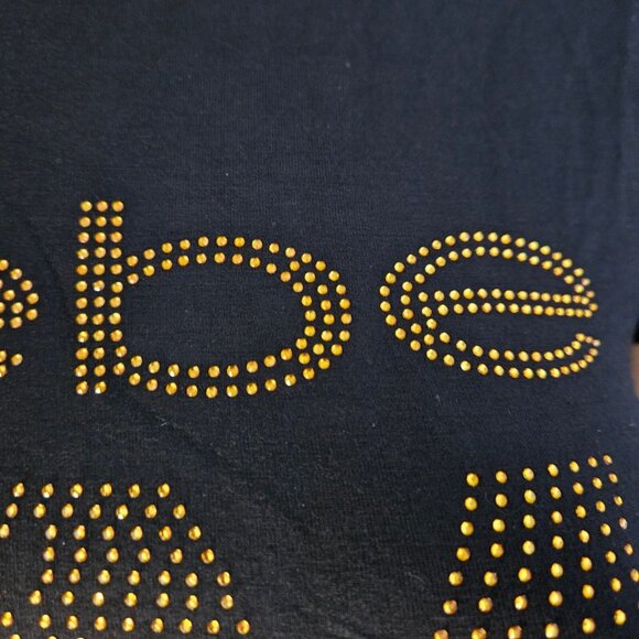 Bebe Top NY Black Rhinestone T shirt Size M Short Sleeve Y2K Mcbling Glitter - Picture 4 of 8